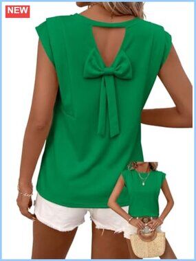 Womens Bow Tie Back Blouse Round Neck Cap Sleeve Chiffon Babydoll Tunic Top